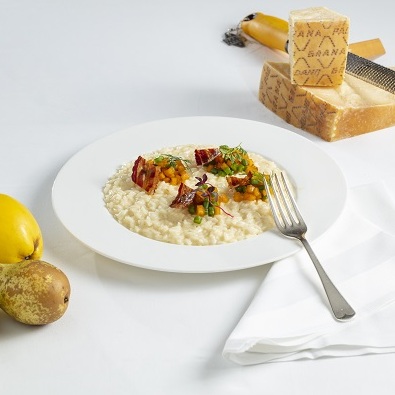 Grana Padano risotto, spice poached pears, crispy bacon